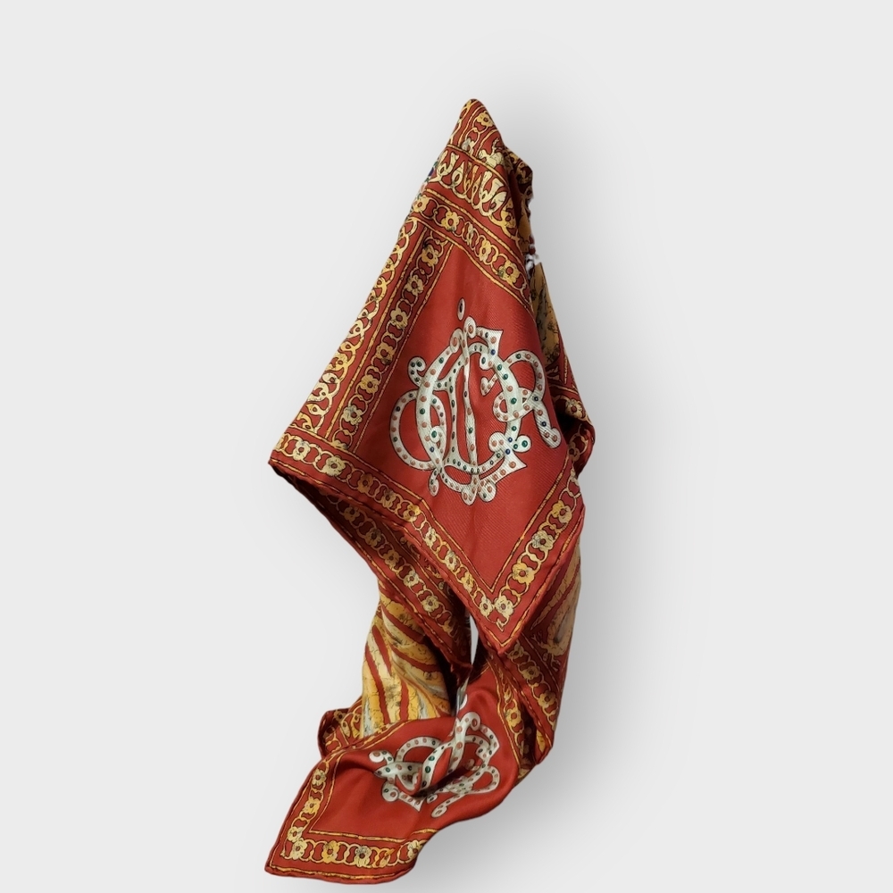 DIOR Vintage Red, Gold & Blue Silk Scarf - Intricate Hand Rolled Edges 90 Square - Picture 6 of 13